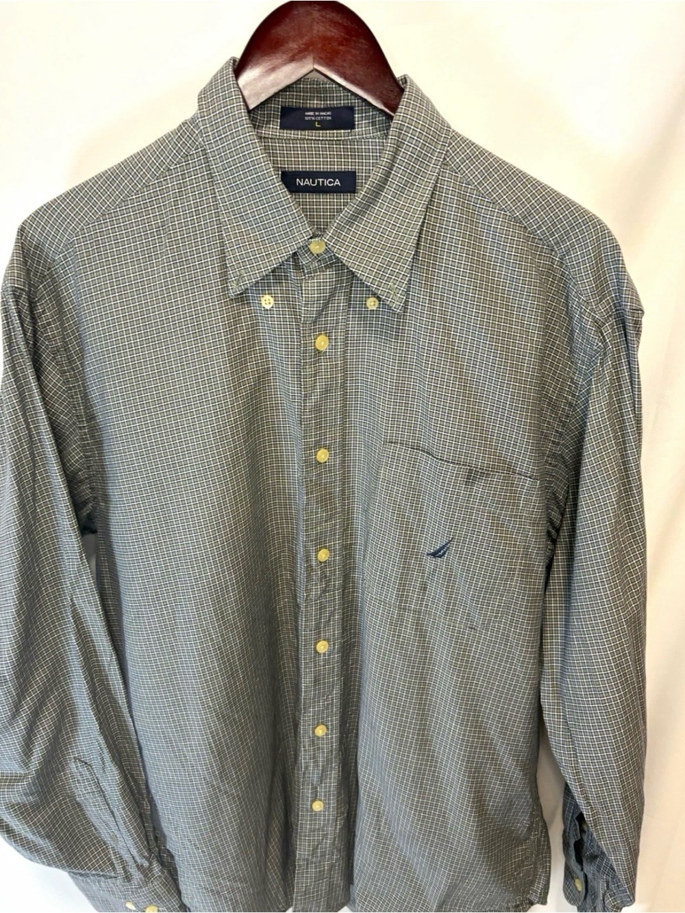 Nautica Men's Long Sleeve Button Up 100% Cotton Long Sleeve Green Plaid Shirt LG - Picture 1 of 7